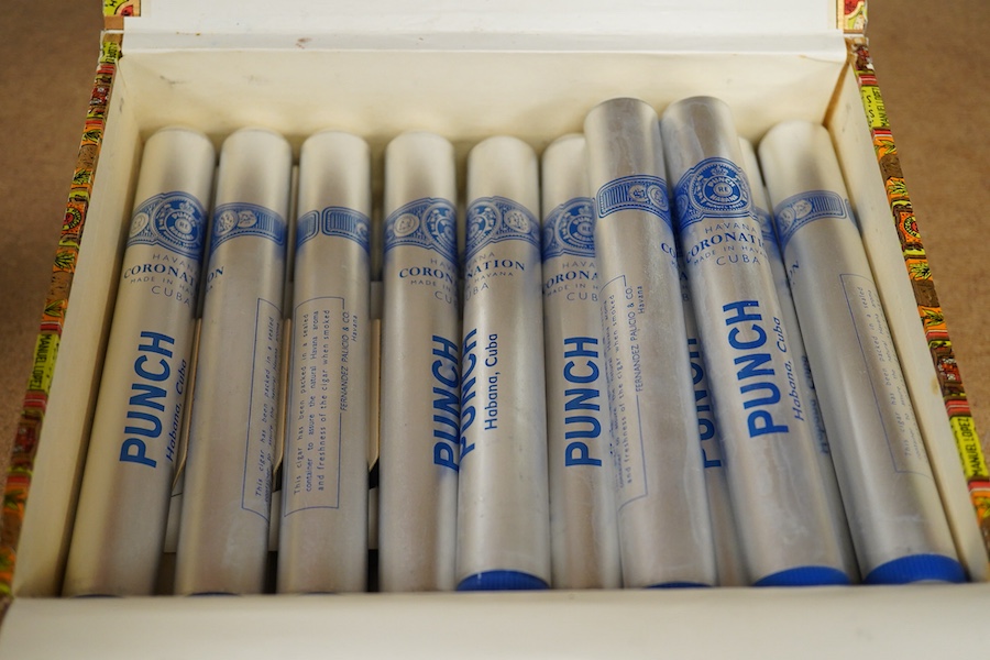A box of eighteen Punch Coronation Cuban cigars, in opened box.